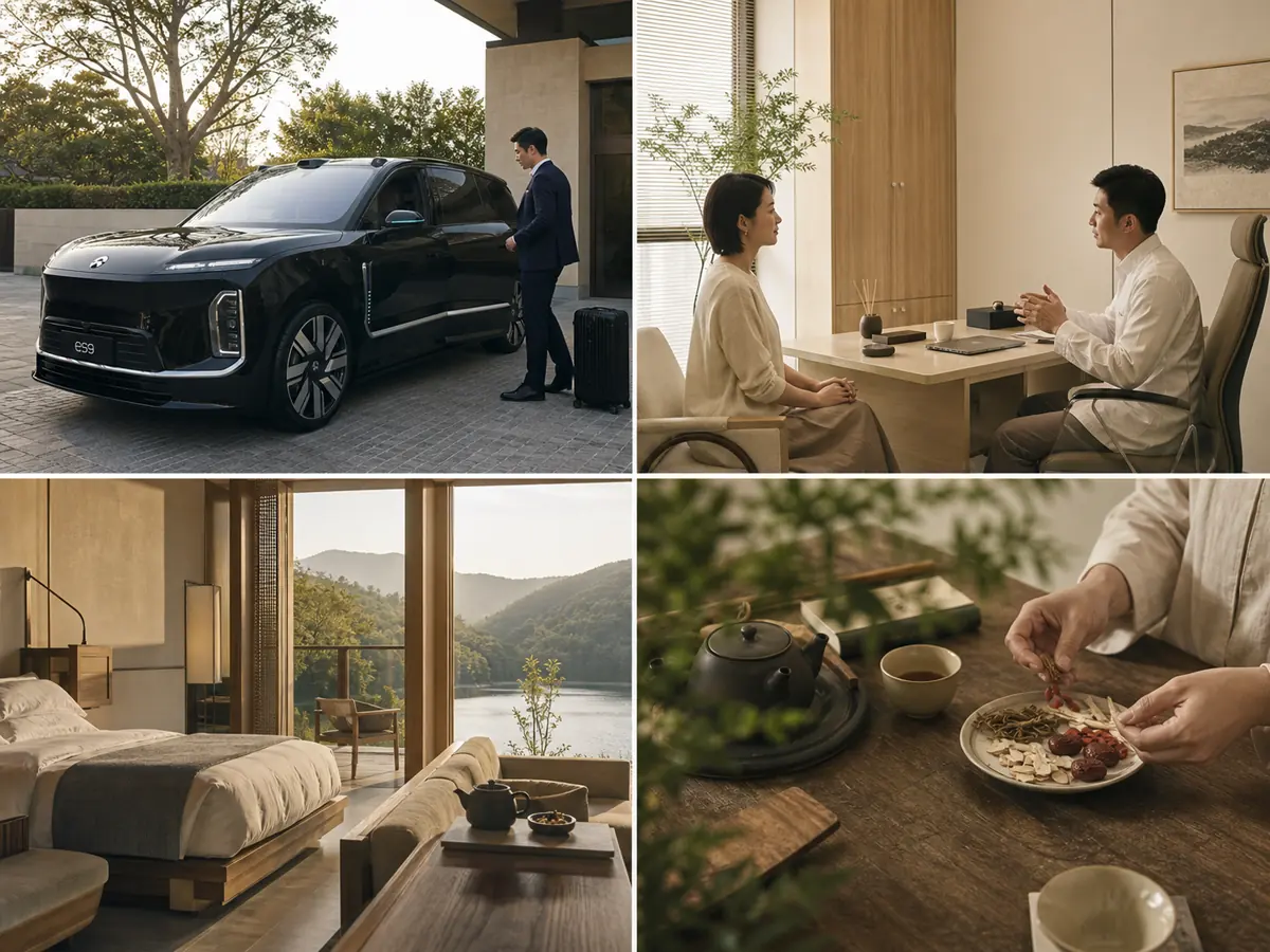 Private medical travel coordination with an executive electric vehicle, modern clinic setting and Chinese-style retreat